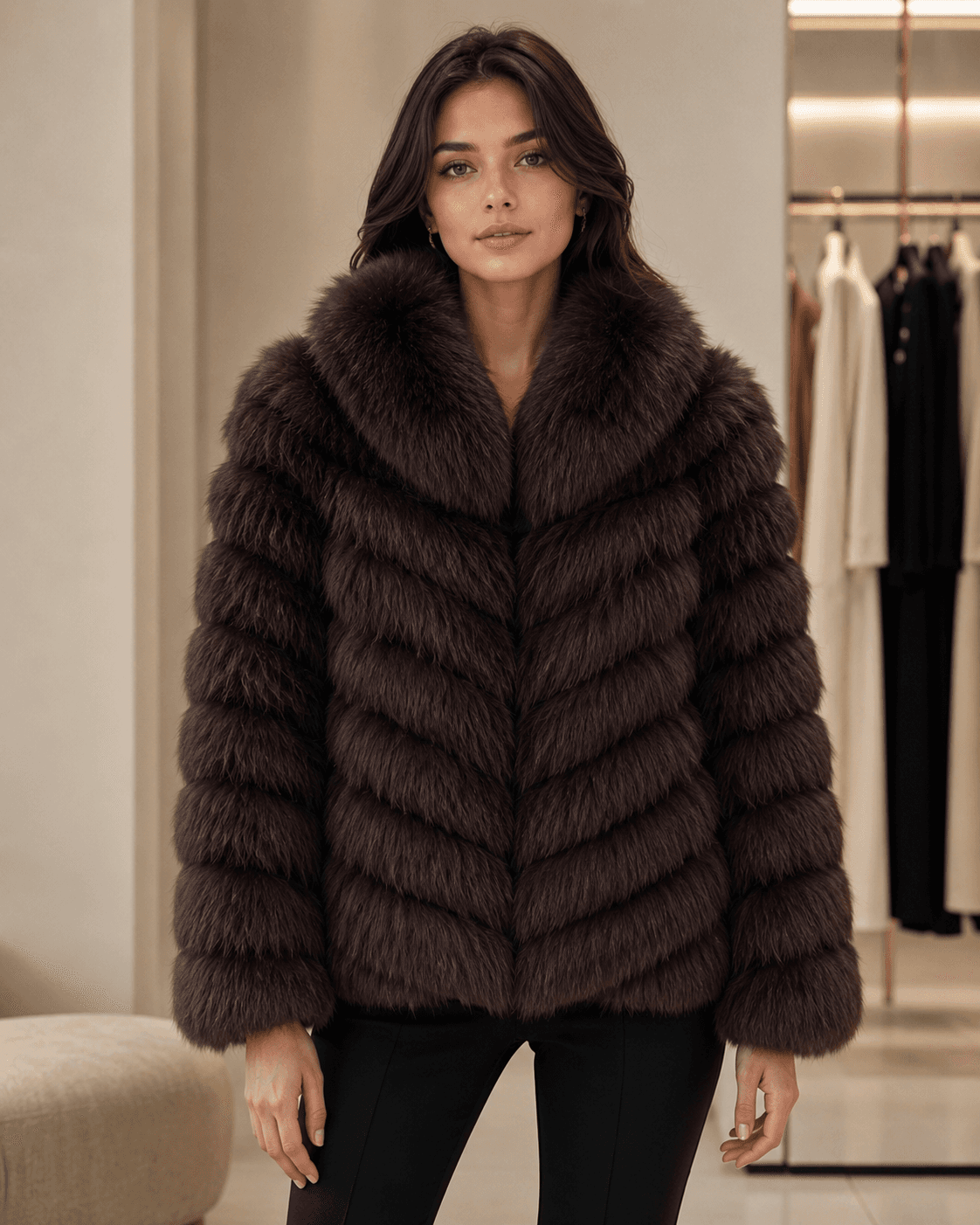 Chevron fox fur coat in brown, front view