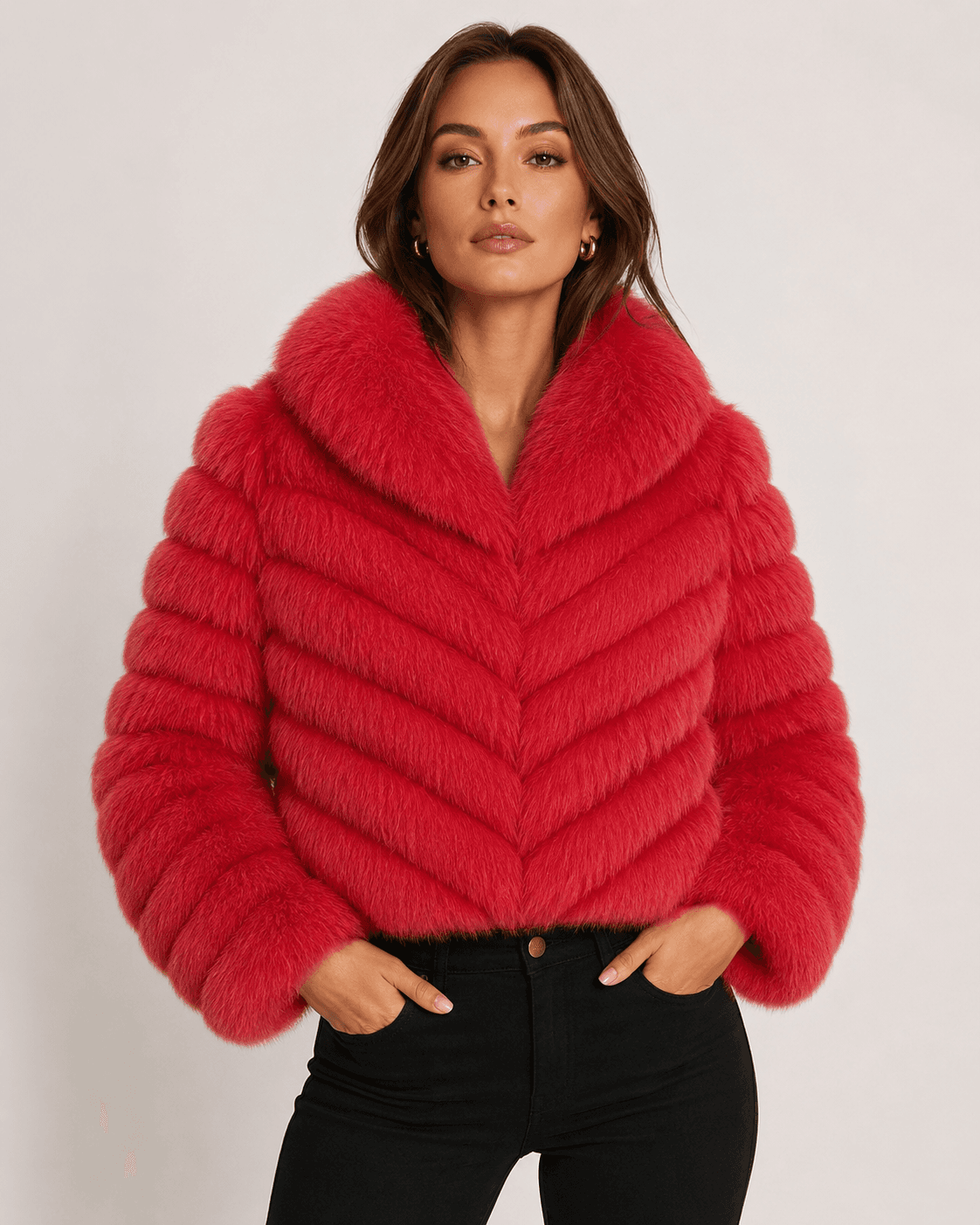 Chevron fox fur coat in red, front view