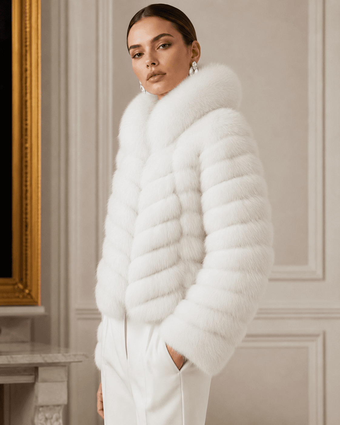 Chevron fox fur coat in white, second front view