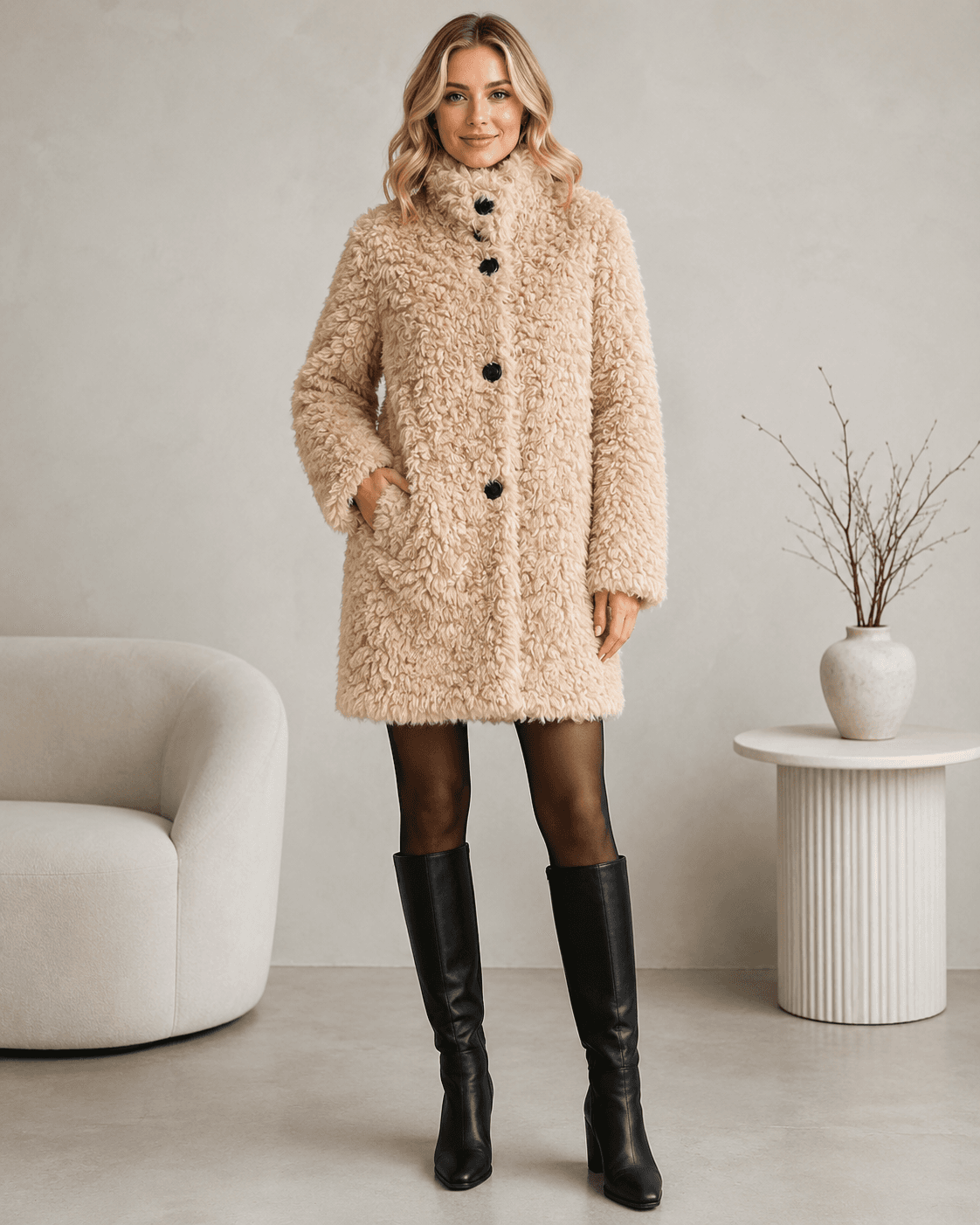 Teddy wool coat in beige, front view