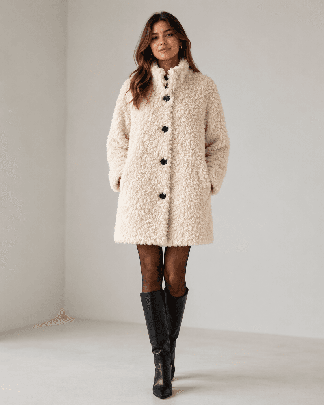 Teddy wool coat in cream, front view