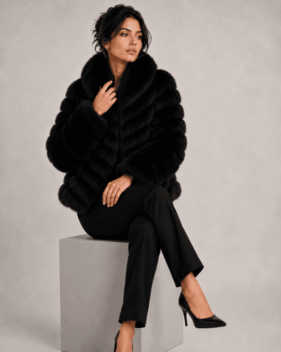 Chevron fox fur coat in black, full-length view
