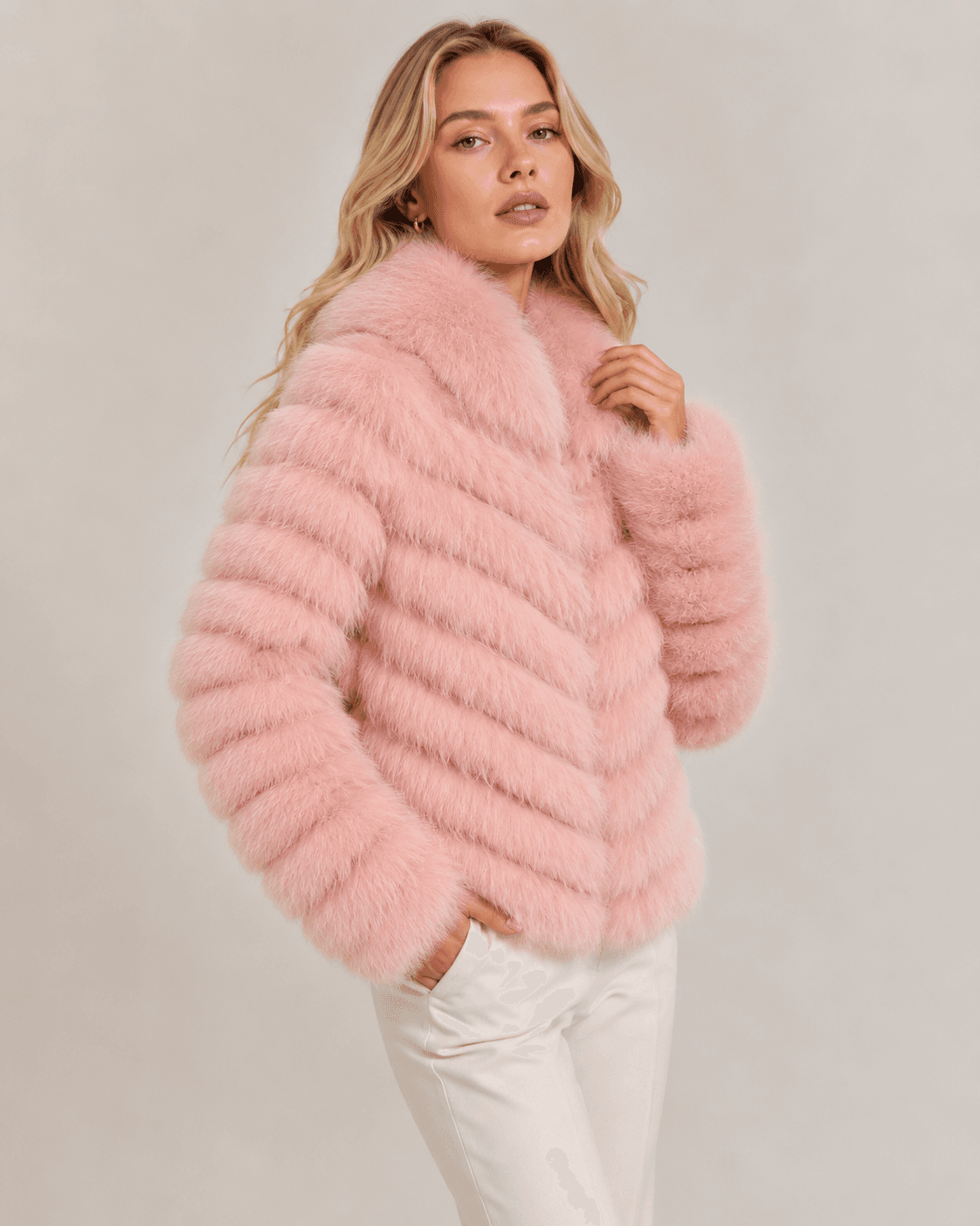 Chevron fox fur coat in pink, side view