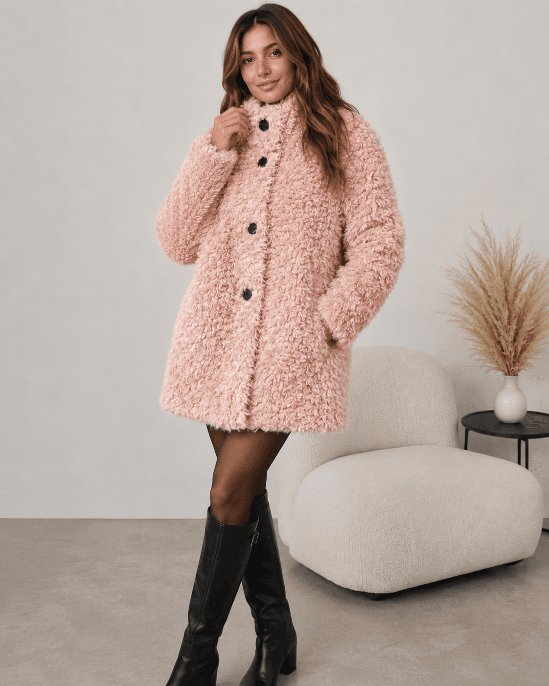 Teddy wool coat in blush, full-length view
