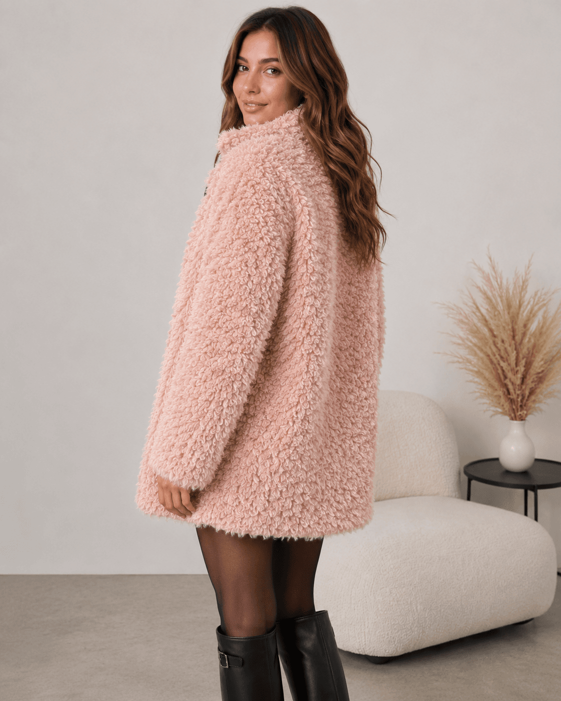 Teddy wool coat in blush, side view
